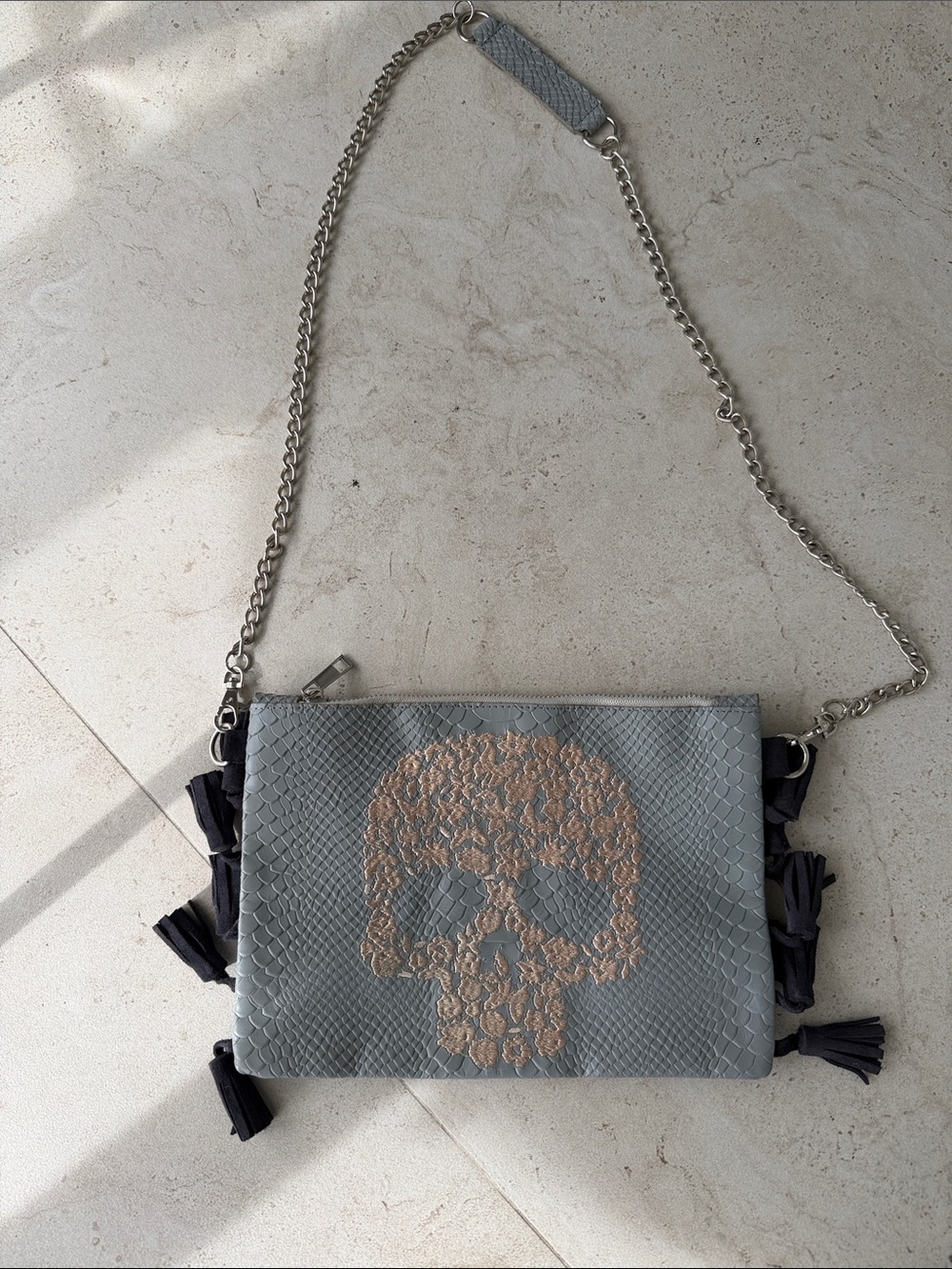 Gray Embossed Skull Crossbody Clutch with Chain Strap